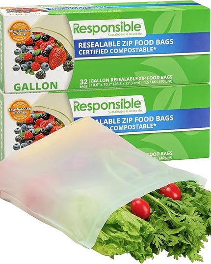 Certified Compostable Large GALLON Resealable Zip Bag, Extra Strength Food Bags, Made from Plant Materials (64 Pack)