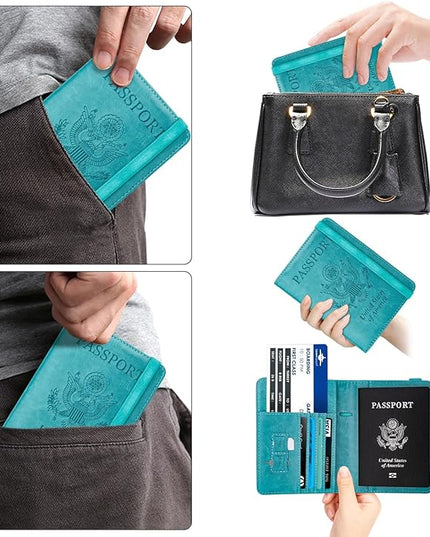 WALNEW Passport Holder for Travel, RFID Passport Cover Wallet for Women Men, PU Leather Passport Book Card Holder Case with Pen, Travelling Essentials for Flying