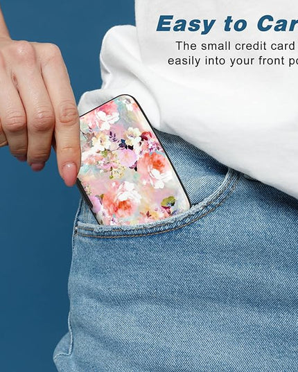 Atufsuat Credit Card Holder, Mini Aluminum Card Wallet RFID Blocking Slim Metal Hard Card Case for Women Men, Pink Flowers
