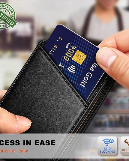 BULLIANT Men Wallet,Slim Leather Wallet Money Clip Magnetic Closure Simplifed Bill Folder 10Cards RFID Blocking 4.3"×3"