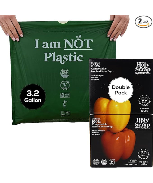 100% Compostable Trash Bags 3.2 Gallon - 120 Pack - Small Drawstring Compost Bags, Eco Friendly Food Scraps Recycling Bag for Kitchen Waste Bin - BPI Certified, OK Compost Home