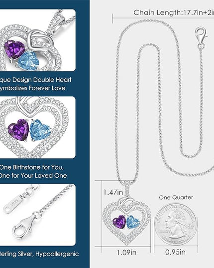 LOUISA SECRET Sparkling Double Heart Birthstone Necklaces for Women, 925 Sterling Silver Fine Jewelry, Pendant Heart Necklaces Birthday Anniversary Christmas Gift for Women Wife Mom Girlfriend Lady