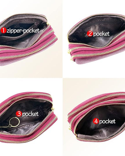 LINNO 3 Zippered Genuine Leather Coin Purse Triple Capacity Change Pouch Little Travel Wallet With Key Ring for Women