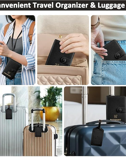 Passport Holder RFID Protected Wallet and Luggage Tag with Protection Cover Travel Accessories Leather Card Case Organizer for Women Men (Black)