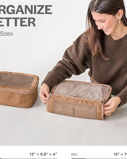 Aerotrunk Compression Packing Cubes for Travel - Luggage Organizer Bags - Double Zipper Packing Cubes for Suitcases (2-Pack, Mocha)