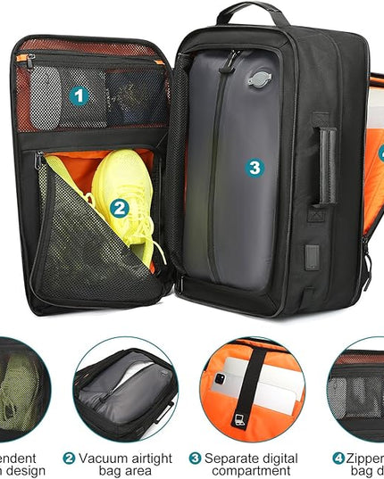 Vacuum Compression Backpack with Pump, Extra Large Capacity 45L Expandable Travel Backpack, Water Resistant 17.3" Laptop Backpack with USB Charging Port for Men & Women