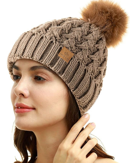 PAGE ONE Womens Winter Ribbed Beanie Crossed Cap Chunky Cable Knit Pompom Soft Warm Hat