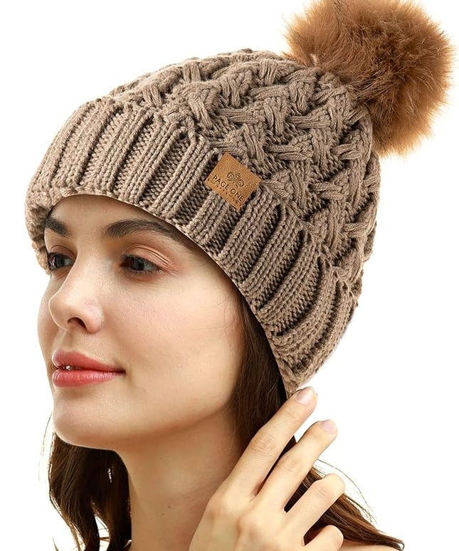 PAGE ONE Womens Winter Ribbed Beanie Crossed Cap Chunky Cable Knit Pompom Soft Warm Hat