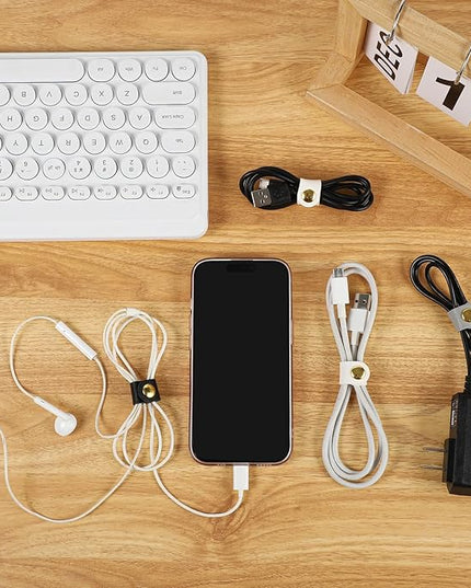 12 Pcs Cord Organizer, Stocking Stuffers for Men Portable PU Leather Cord Holder Winder Keeper Earphone Cable Cord USB Straps Earphone Winder with Leather Handmade(Black/White/Grey)
