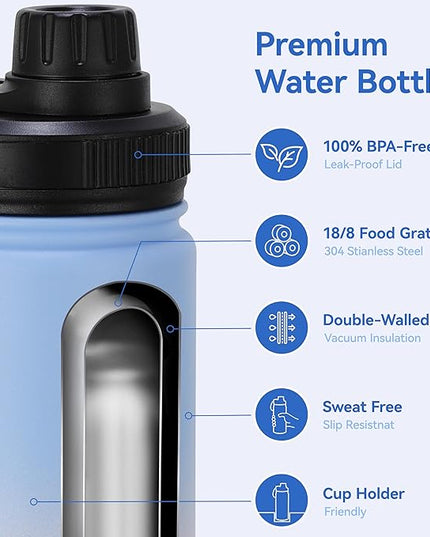 DOMICARE 16 oz Kids Water Bottle for School Stainless Steel Double Wall Vacuum Insulated Water Bottle with Straw lids & Spout Lid, Leakproof BPA Free (Blue/Pink,8)