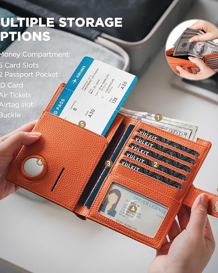 VULKIT Dual Leather Passport Wallet with Airtag Holder Slim Double Passport Holder RFID Blocking Passport Travel Wallet for Women or Men
