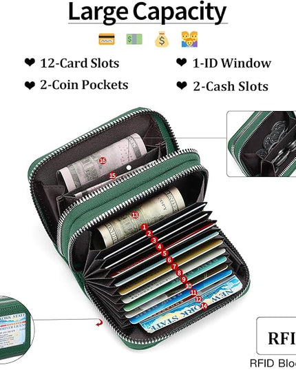 RNIEGA Credit Card Holder Wallet RFID Blocking Leather Small Wallet for Women Double Zipper Wallet with ID Window
