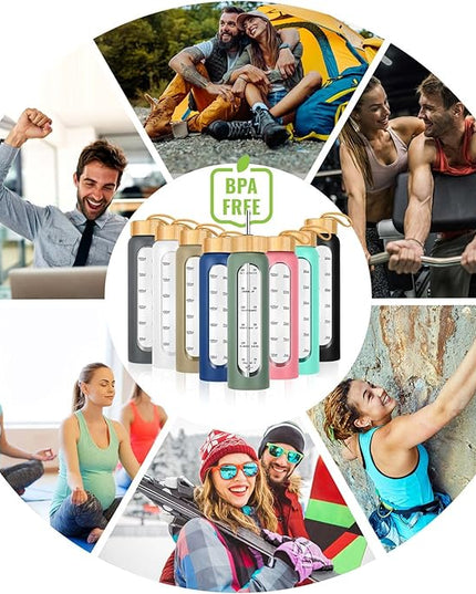 32 oz Glass Water Bottle with Straw - Motivational Time Marker & Silicone Sleeve - Reusable Tumbler Includes 2 Bamboo Lids & Fruit Infuser - 1 Pack