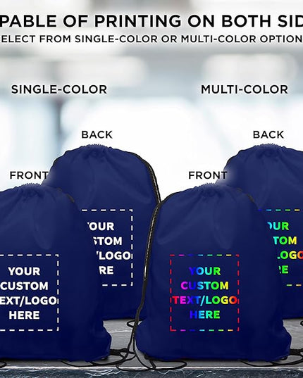 DISCOUNT PROMOS Custom Classic Polyester Drawstring Bagpack Set of 10/50/100, Personalized Bulk Pack - Great for Travelling, Gym and for Everyday Use - Navy Blue