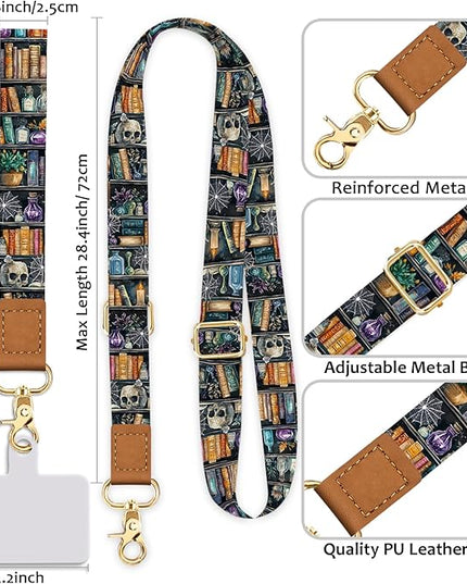 Goth Phone Lanyard Crossbody Strap, Gothic Bookshelf Cell Phone Lanyards for around the Neck Cross Body, Witchy Skull Wristlet Wrist Strap Adjustable for Women Keys Case Accessories Travel Essentials