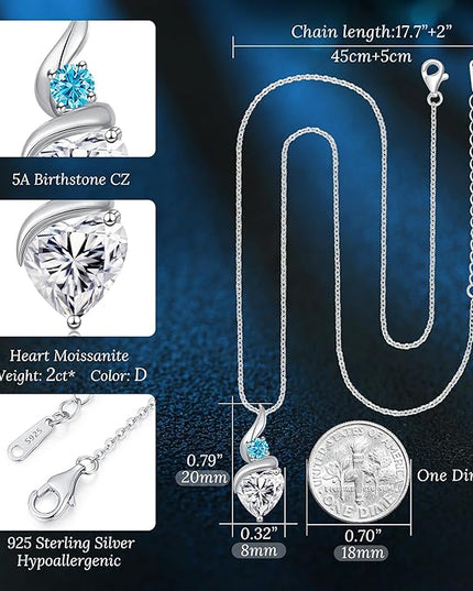 ANDSO Moissanite Heart Pendant Necklaces for Women, 925 Sterling Silver Necklace with Birthstone, Ideal Anniversary Present or Birthday Christmas Valentine Jewelry Gifts for Mom Wife Her Girlfriend
