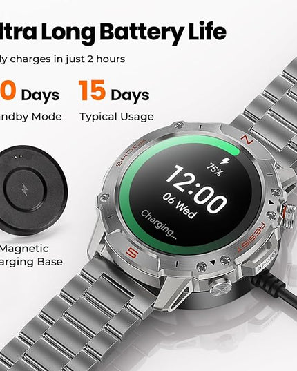 WalkerFit Smart Watch for Men, 1.43" Round AMOLED, 5ATM Waterproof for Swim, Heart Rate & Sleep Monitor, Long Battery, Outdoor Activity Tracker, Voice Control&Bluetooth Call, for iPhone Android,Silver