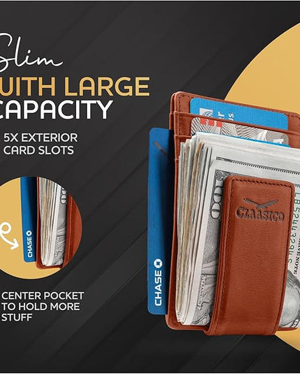 Money Clip Leather Wallet For Men Slim Front Pocket RFID Blocking with Super Strong Magnetic