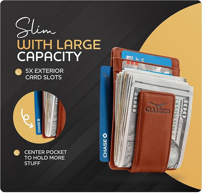 Money Clip Leather Wallet For Men Slim Front Pocket RFID Blocking with Super Strong Magnetic