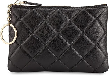 DORIS&JACKY Soft Lambskin Leather Coin Purse Small Quilted RFID Blocking Top Zipper Wallet With Key Chain