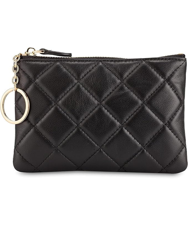 DORIS&JACKY Soft Lambskin Leather Coin Purse Small Quilted RFID Blocking Top Zipper Wallet With Key Chain