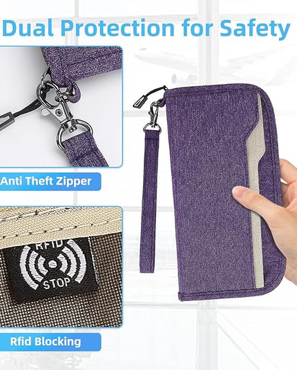 ZOPPEN Passport Holder Family RFID Passport Wallet, Passport Holder Women/Men, Travel Wallet Documents Organizer Zipper Case with Removable Wristlet Strap, Travel Essentials for Flying