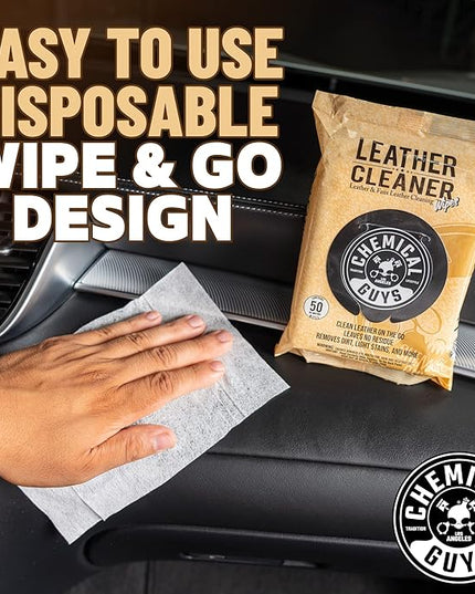 Chemical Guys Leather Cleaner Wipes Mega - Interior Leather Wipes for Cars,Natural,Synthetic,Faux & Pleather Surfaces,Safe for Cars,Trucks,Furniture,Boots & More,Convenient,50 Count (Pack of 6)