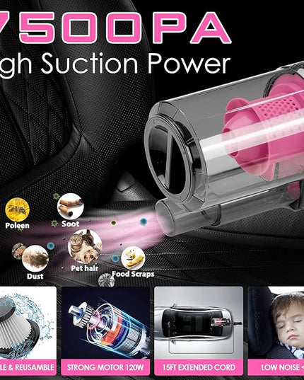 Viewsun 17pcs Car Cleaning Kit, Pink Car Interior Detailing Kit with High Power Handheld Vacuum, Detailing Brush Set, Windshield Cleaner, Cleaning Gel, Complete Auto Accessories for Women Gift