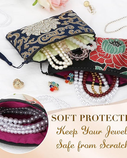 kilofly 2 pc Chinese Silk Brocade Padded Tassel Zipper Jewelry Bag Gift Pouch set2 A