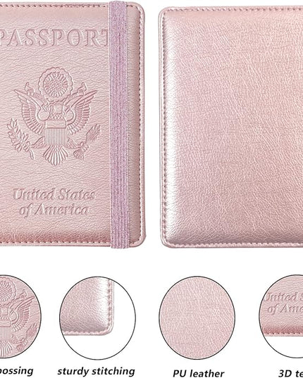 Eoehro Passport and Vaccine Card Holder, Passport Holder Vaccine Card Slot, Passport Wallet, Passport Cover, Passport Case, Passport Holder for Airplane Travel Essentials (E-Elastic band Rose gold)