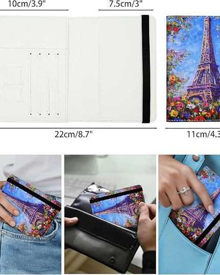 Passport Holder for Women and Men PU Leather Passport Cover for Travel (Eiffel Tower Floral)