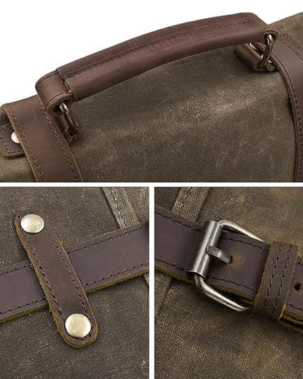 Mens Messenger Bag 15.6 Inch Waterproof Vintage Genuine Leather Waxed Canvas Briefcase Large Leather Computer Laptop Bag Rugged Satchel Shoulder Bag, Coffee
