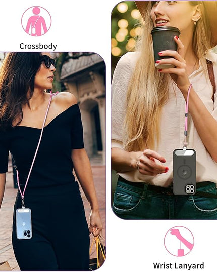 CACOE Phone Lanyard 2 Pcs-1 Pcs Adjustable Neck Strap, 1 Pcs Wrist Strap, 2 Pads, Universal Crossbody Multifuctional Cell Phone Lanyards Compatible with Most Smartphones(Light Pink)