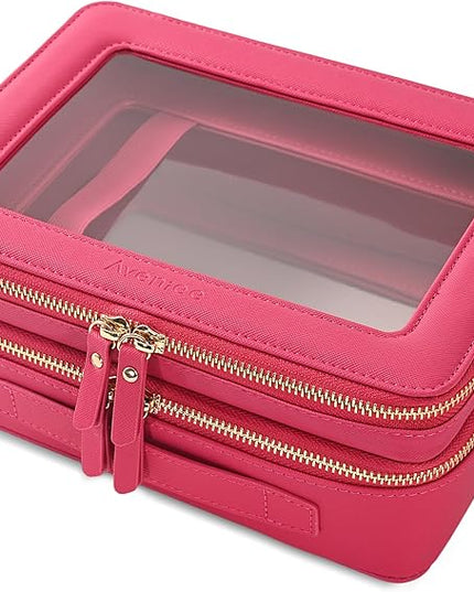 Aveniee XL Clear Makeup Organizer,Double Layer Travel Cosmetic Case with Brush Holder & Zippered Compartments,Big Toiletry Bag for Travel Accessories,2 Layers Large,Hotpink