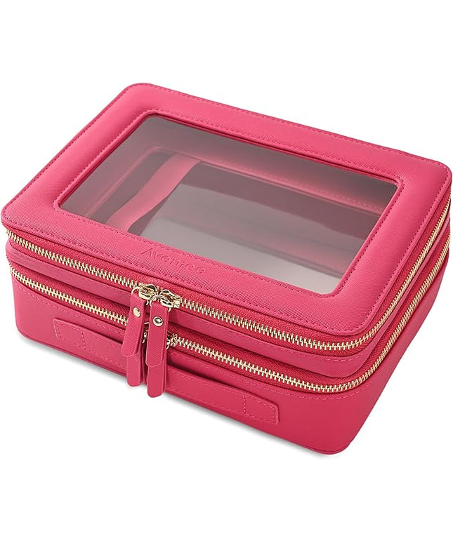 Aveniee XL Clear Makeup Organizer,Double Layer Travel Cosmetic Case with Brush Holder & Zippered Compartments,Big Toiletry Bag for Travel Accessories,2 Layers Large,Hotpink