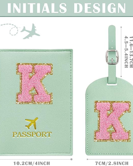 COSHAYSOO Initial Passport Cover Luggage Tag Set Letter Passport Holder Airplane Cruise Travel Essentials Vacation Traveling Accessories Personalized Gifts for Women Teen College Girls Teal K