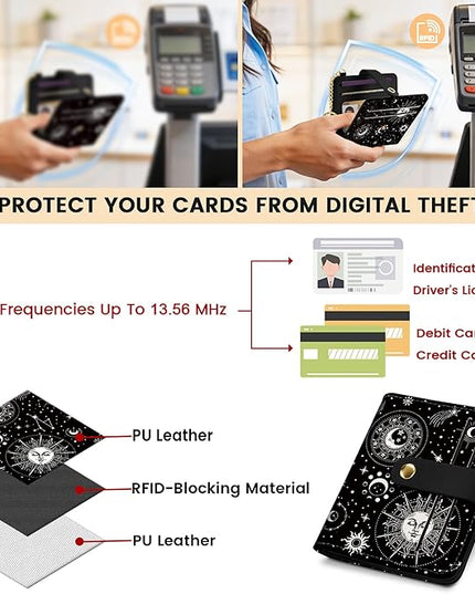 Sodsay Small Slim Wallet Women RFID Blocking, PU Leather Bifold Ladies Wallet with Zipper Coin Pocket, Thin Cute Travel Card Wallets for Girls, Black Celestial Symphony