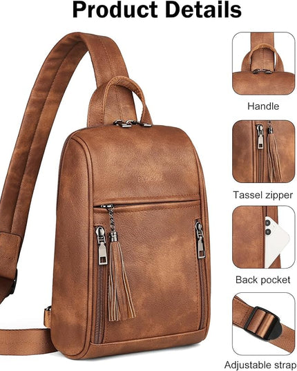 FADEON Sling Bag for Women, Crossbody Backpack with Tassels, Designer Leather Shoulder Chest Bags for Travel