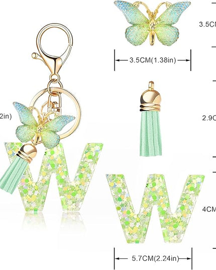 Fashion Alphabet Initial Letter Keychain Tassel Butterfly Pendant Key Ring for Purse Handbags Women Girl