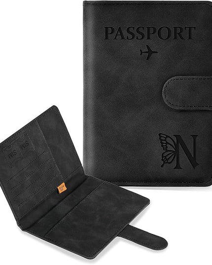 COSHAYSOO Initial RFID Passport Cover for Women Passports Book Holder Case Air Travel Essentials Airplane Flight Accessories Airline Plane Flying Must Haves Traveler Gifts Butterfly Letter Black N