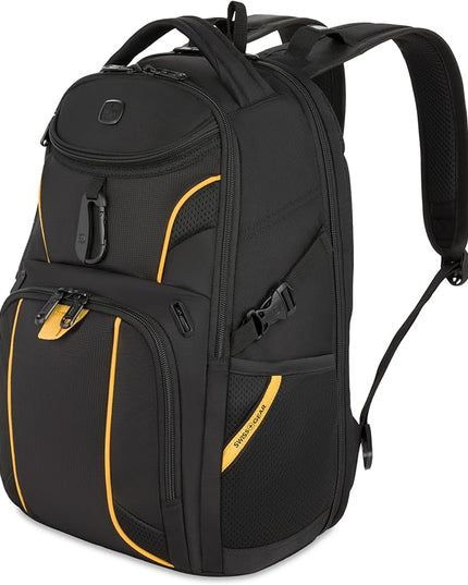 SwissGear 1900 Mini ScanSmart 13” Laptop Backpack Black with Yellow Accents – Reflective Tech Backpack with ScanSmart Compartment – Multiple Organizer Pockets & RFID Scan Blocking Technology
