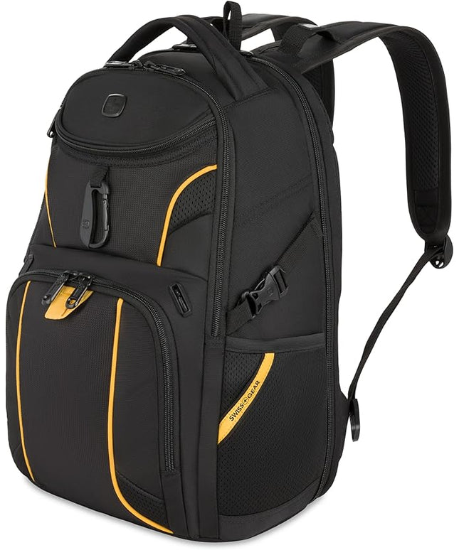 SwissGear 1900 Mini ScanSmart 13” Laptop Backpack Black with Yellow Accents – Reflective Tech Backpack with ScanSmart Compartment – Multiple Organizer Pockets & RFID Scan Blocking Technology