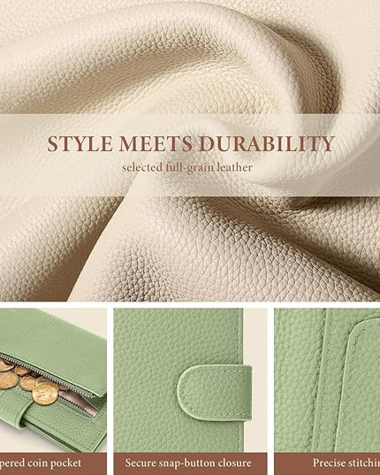 Genuine Leather Passport Holder for Women Men, Hidden Airtag Pocket, RFID Blocking, Zippered Coins Pocket & Cash Compartment Travel Gifts Essentials Passport Cover Case - Light Green