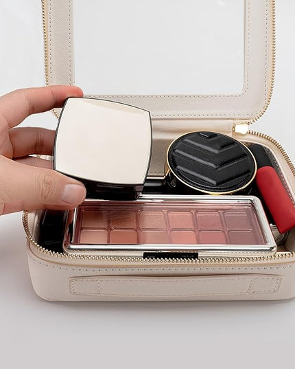 Aveniee Clear Makeup Bag Organizer Set,Portable Travel Toiletry Case for Women, Vegan Leather Cosmetic Pouch Car Bag for Essentials 2pcs,Middle & Large,Beige