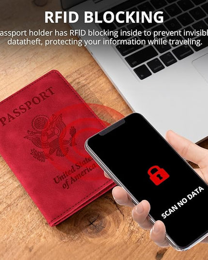 Passport Holder for Travel Essentials,RFID Blocking Passport Cover Wallet Card Case for Women and Men (Red)