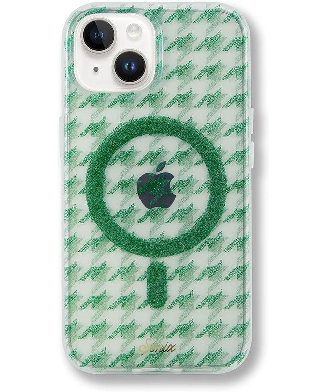 Sonix Protective Phone Case for iPhone 15, 14, 13 | Compatible with MagSafe | 10ft Drop Tested | Green Glitter Houndstooth Print | Happily Houndstooth
