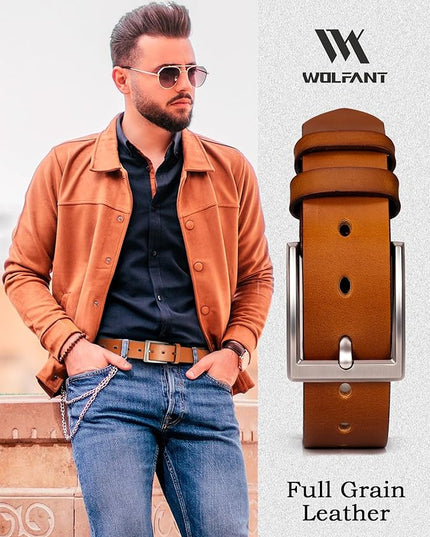 WOLFANT Men's 1.5" Full Grain Leather Belt,100% Italian Real Solid Leather