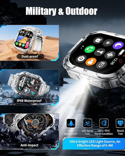 2.0" Military Smart Watch for Men with Flashlight, Make/Answer Calls, 1000mAh, IP68 Waterproof, 100+ Sport Modes Fitness Tracker for Workout Outdoor iOS Android Compatible, Silver