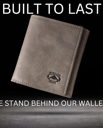 Stealth Mode Trifold Wallet - RFID Blocking Wallet with Flip ID Holder - Leather Case for Money, Credit Cards - Mens Organizer, Divided Billfold, Identity Protection - Men's Gifts (Grey)