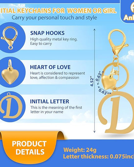 A-Z Heart Initial Letter Keychain, Stainless Steel Alphabet Charm for Handbags, Gift for Women and Girls